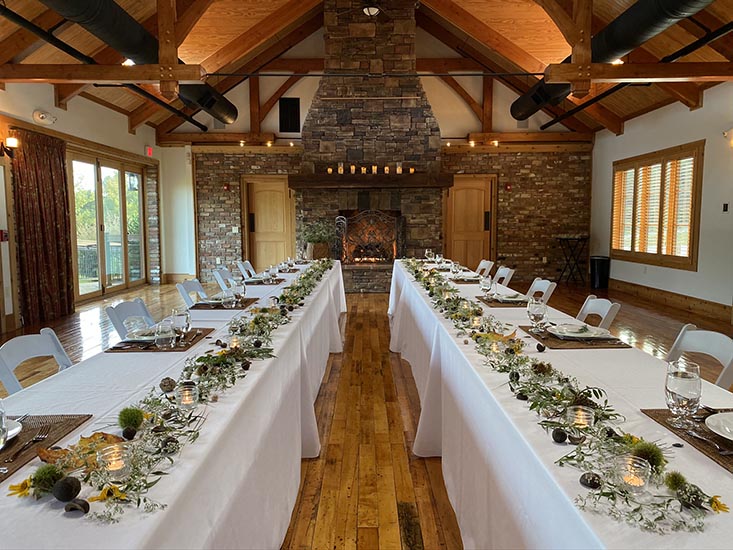 our conference center set up for a rustic wedding